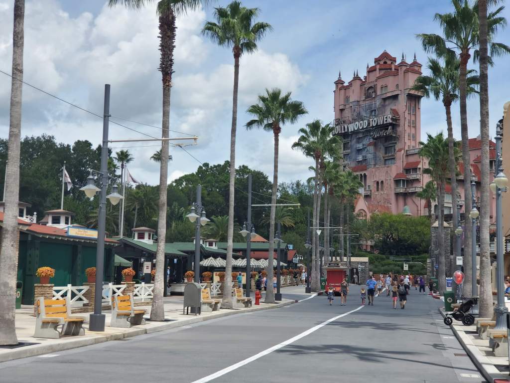 A look at Tower of Terror at Hollywood Studios down Sunset Blvd. 