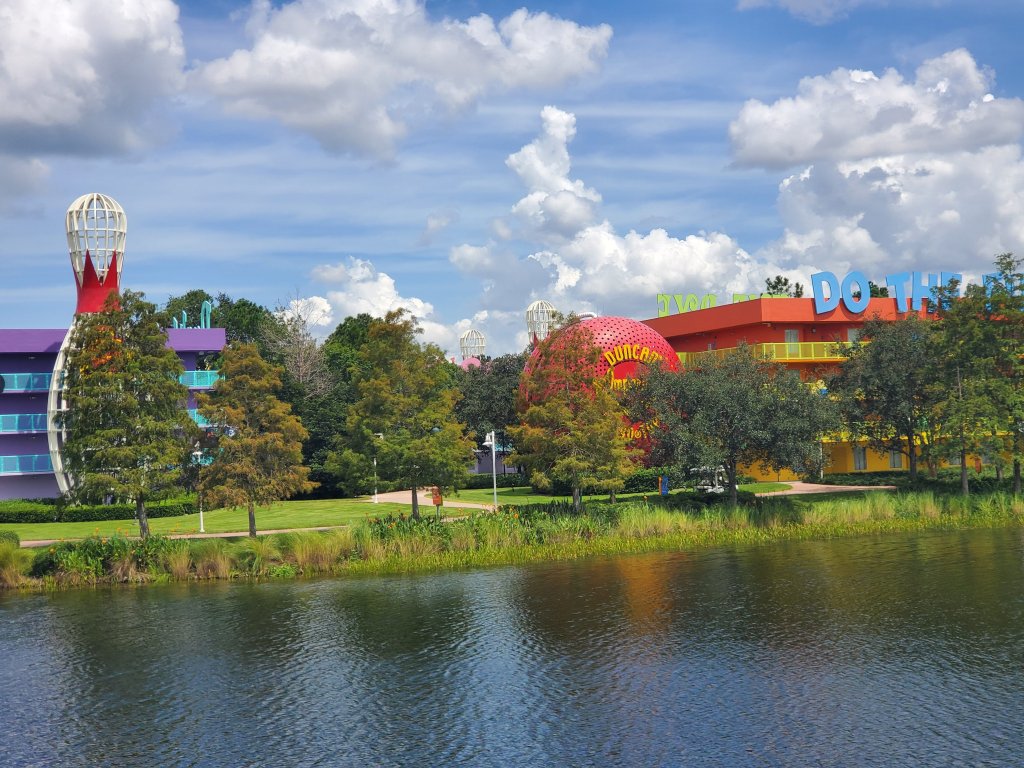 View from POP Century Gondola at POP Century Resort over Hourglass Lake. 