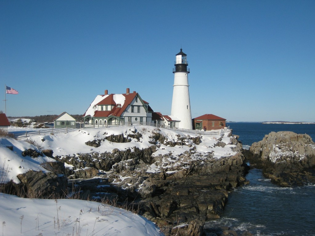 Snow covered Lighthouse in New England