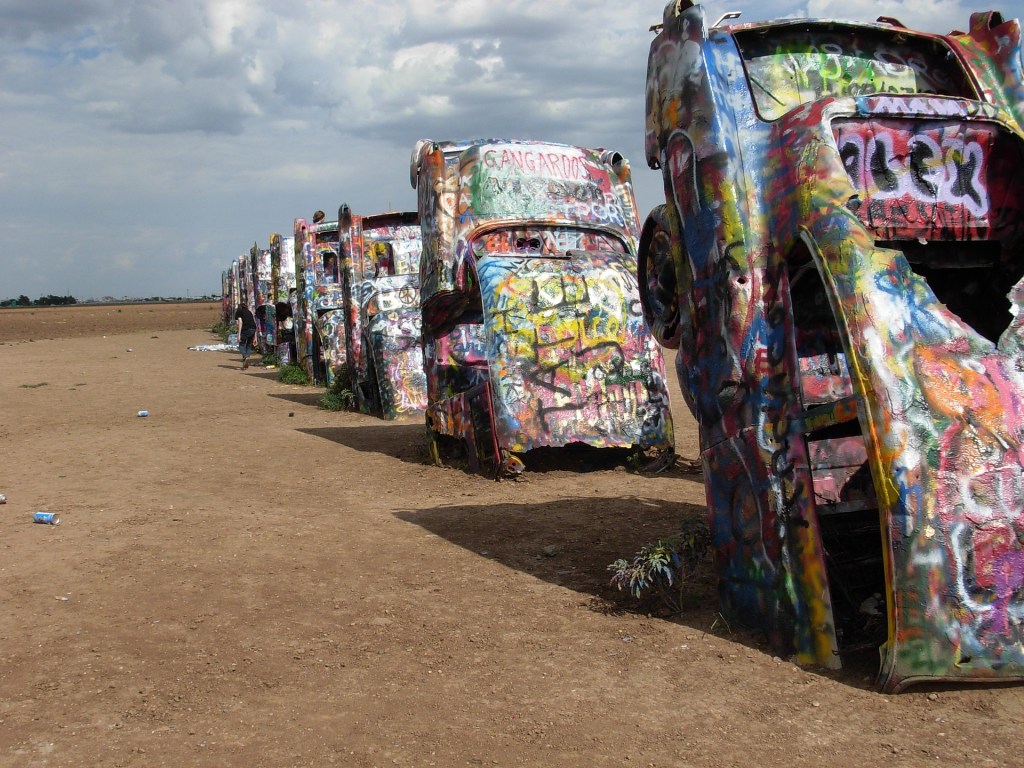 Cadillac Ranch, Route 66 stop, graffiti, roadside attraction, road trip,