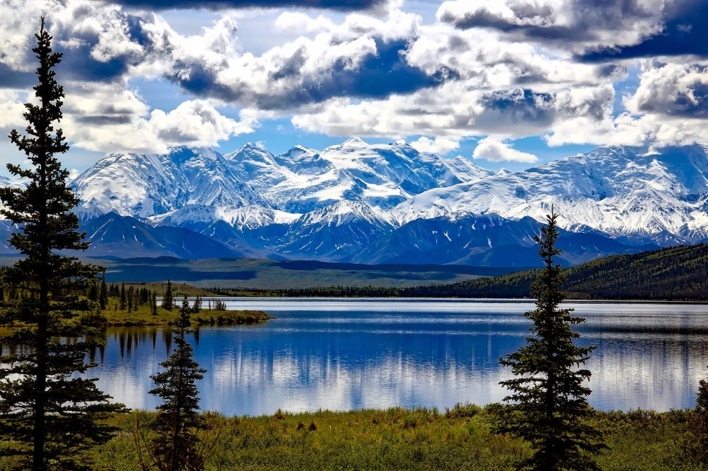 Denali National Park, Alaska, North America, mountains, lake, trees, snow covered, scenic,